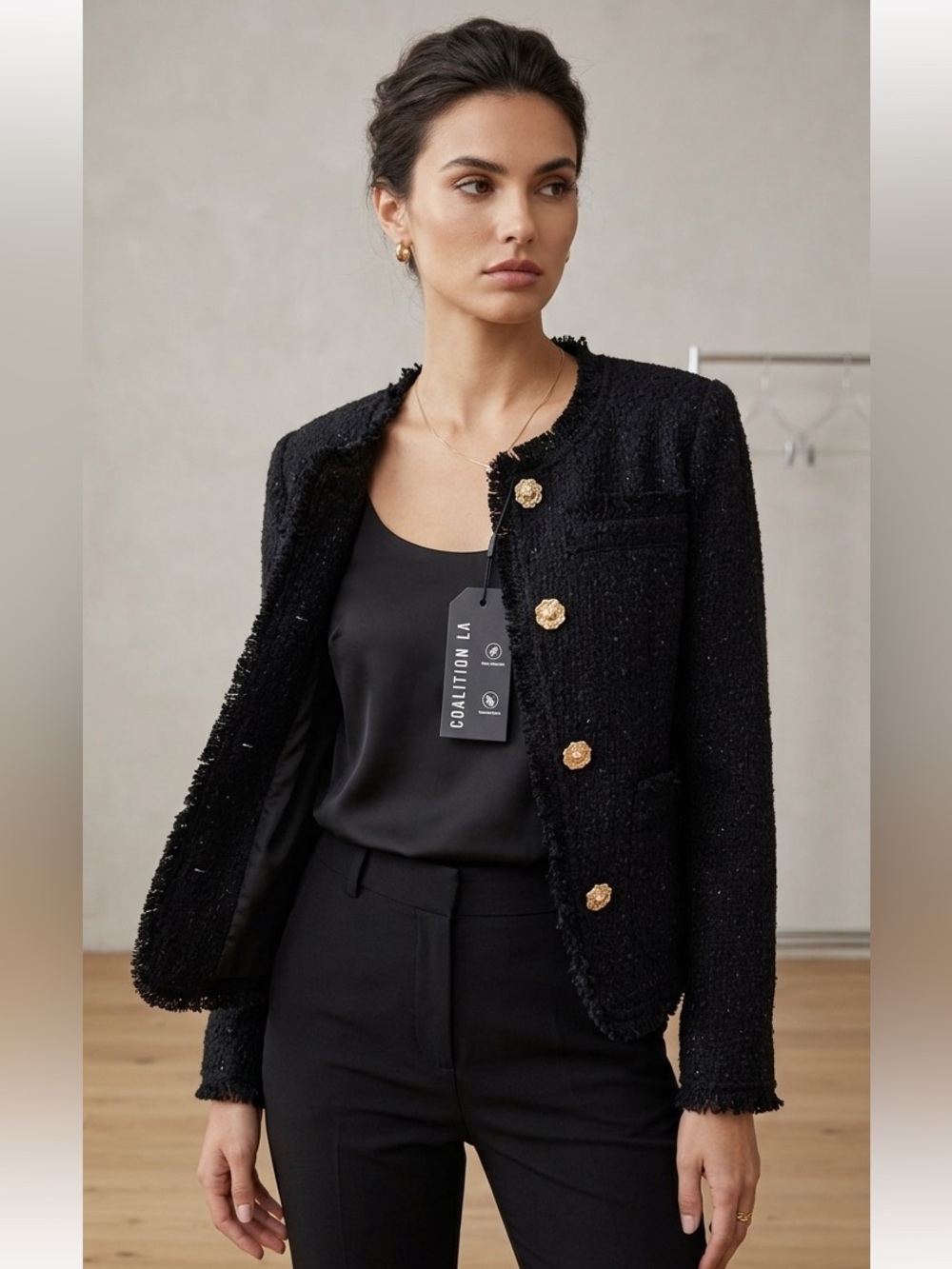 Women's Black Tweed Button Jacket